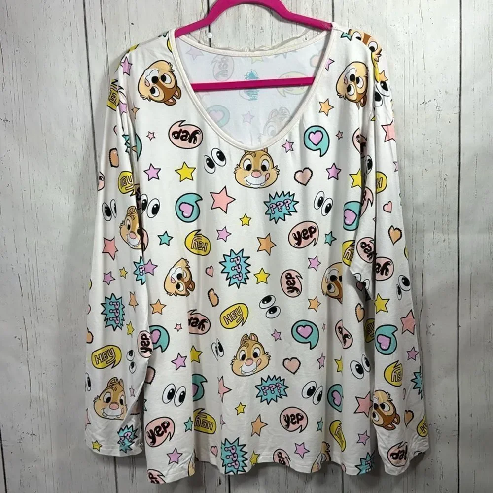 Disney Chip And Dale Graphic Organic Cotton Blend Long Sleeve Pastel Pajama Top